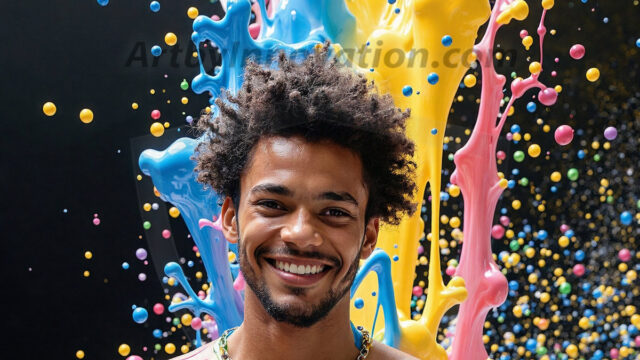 Paint Splat Fun - Hot men having fun with body paint. AI-generated abstract art featuring beautiful, handsome, sexy, shirtless, men, boys, lads, full of excitement joy and fun, covered in body paint, dynamic, interactive, Combining elements of realism with surreal abstract qualities, showcasing the potential of AI in artistic expression. Photos of guys, just smiling, happy, and having a good time. Most of them are smiling because a paint bomb just blow up next to them, so I'm calling is Abstract Art. When paint attacks and makes people happy, it's Art!