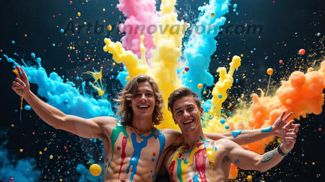 Paint Splat Fun - Hot men having fun with body paint. AI-generated abstract art featuring beautiful, handsome, sexy, shirtless, men, boys, lads, full of excitement joy and fun, covered in body paint, dynamic, interactive, Combining elements of realism with surreal abstract qualities, showcasing the potential of AI in artistic expression. Photos of guys, just smiling, happy, and having a good time. Most of them are smiling because a paint bomb just blow up next to them, so I'm calling is Abstract Art. When paint attacks and makes people happy, it's Art!