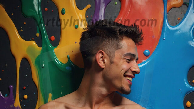 Paint Splat Fun - Hot men having fun with body paint. AI-generated abstract art featuring beautiful, handsome, sexy, shirtless, men, boys, lads, full of excitement joy and fun, covered in body paint, dynamic, interactive, Combining elements of realism with surreal abstract qualities, showcasing the potential of AI in artistic expression. Photos of guys, just smiling, happy, and having a good time. Most of them are smiling because a paint bomb just blow up next to them, so I'm calling is Abstract Art. When paint attacks and makes people happy, it's Art!