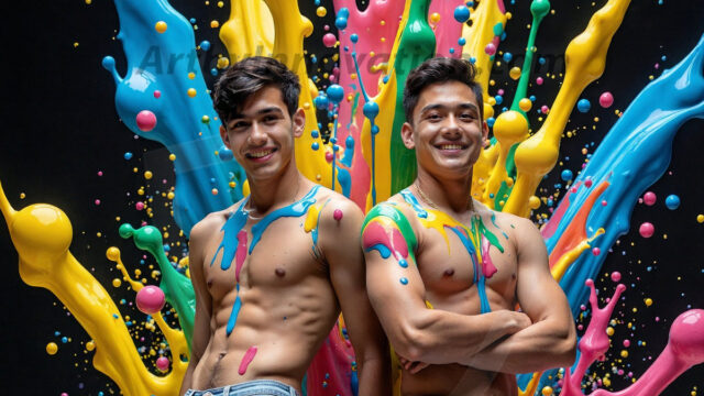 Paint Splat Fun - Hot men having fun with body paint. AI-generated abstract art featuring beautiful, handsome, sexy, shirtless, men, boys, lads, full of excitement joy and fun, covered in body paint, dynamic, interactive, Combining elements of realism with surreal abstract qualities, showcasing the potential of AI in artistic expression. Photos of guys, just smiling, happy, and having a good time. Most of them are smiling because a paint bomb just blow up next to them, so I'm calling is Abstract Art. When paint attacks and makes people happy, it's Art!