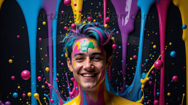 Paint Splat Fun - Hot men having fun with body paint. AI-generated abstract art featuring beautiful, handsome, sexy, shirtless, men, boys, lads, full of excitement joy and fun, covered in body paint, dynamic, interactive, Combining elements of realism with surreal abstract qualities, showcasing the potential of AI in artistic expression. Photos of guys, just smiling, happy, and having a good time. Most of them are smiling because a paint bomb just blow up next to them, so I'm calling is Abstract Art. When paint attacks and makes people happy, it's Art!