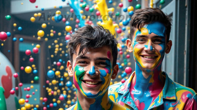 Paint Splat Fun - Hot men having fun with body paint. AI-generated abstract art featuring beautiful, handsome, sexy, shirtless, men, boys, lads, full of excitement joy and fun, covered in body paint, dynamic, interactive, Combining elements of realism with surreal abstract qualities, showcasing the potential of AI in artistic expression. Photos of guys, just smiling, happy, and having a good time. Most of them are smiling because a paint bomb just blow up next to them, so I'm calling is Abstract Art. When paint attacks and makes people happy, it's Art!