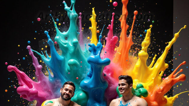 Paint Splat Fun - Hot men having fun with body paint. AI-generated abstract art featuring beautiful, handsome, sexy, shirtless, men, boys, lads, full of excitement joy and fun, covered in body paint, dynamic, interactive, Combining elements of realism with surreal abstract qualities, showcasing the potential of AI in artistic expression. Photos of guys, just smiling, happy, and having a good time. Most of them are smiling because a paint bomb just blow up next to them, so I'm calling is Abstract Art. When paint attacks and makes people happy, it's Art!