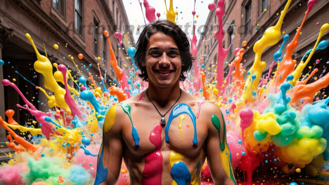 Paint Splat Fun - Hot men having fun with body paint. AI-generated abstract art featuring beautiful, handsome, sexy, shirtless, men, boys, lads, full of excitement joy and fun, covered in body paint, dynamic, interactive, Combining elements of realism with surreal abstract qualities, showcasing the potential of AI in artistic expression. Photos of guys, just smiling, happy, and having a good time. Most of them are smiling because a paint bomb just blow up next to them, so I'm calling is Abstract Art. When paint attacks and makes people happy, it's Art!