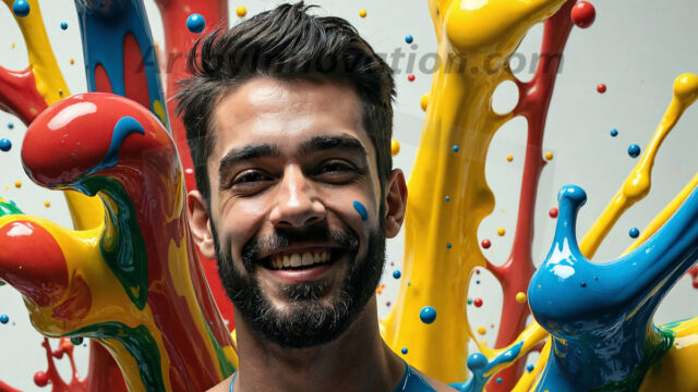 Paint Splat Fun - Hot men having fun with body paint. AI-generated abstract art featuring beautiful, handsome, sexy, shirtless, men, boys, lads, full of excitement joy and fun, covered in body paint, dynamic, interactive, Combining elements of realism with surreal abstract qualities, showcasing the potential of AI in artistic expression. Photos of guys, just smiling, happy, and having a good time. Most of them are smiling because a paint bomb just blow up next to them, so I'm calling is Abstract Art. When paint attacks and makes people happy, it's Art!