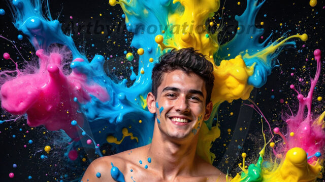 Paint Splat Fun - Hot men having fun with body paint. AI-generated abstract art featuring beautiful, handsome, sexy, shirtless, men, boys, lads, full of excitement joy and fun, covered in body paint, dynamic, interactive, Combining elements of realism with surreal abstract qualities, showcasing the potential of AI in artistic expression. Photos of guys, just smiling, happy, and having a good time. Most of them are smiling because a paint bomb just blow up next to them, so I'm calling is Abstract Art. When paint attacks and makes people happy, it's Art!