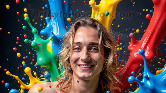 Paint Splat Fun - Hot men having fun with body paint. AI-generated abstract art featuring beautiful, handsome, sexy, shirtless, men, boys, lads, full of excitement joy and fun, covered in body paint, dynamic, interactive, Combining elements of realism with surreal abstract qualities, showcasing the potential of AI in artistic expression. Photos of guys, just smiling, happy, and having a good time. Most of them are smiling because a paint bomb just blow up next to them, so I'm calling is Abstract Art. When paint attacks and makes people happy, it's Art!