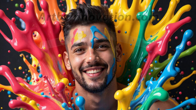 Paint Splat Fun - Hot men having fun with body paint. AI-generated abstract art featuring beautiful, handsome, sexy, shirtless, men, boys, lads, full of excitement joy and fun, covered in body paint, dynamic, interactive, Combining elements of realism with surreal abstract qualities, showcasing the potential of AI in artistic expression. Photos of guys, just smiling, happy, and having a good time. Most of them are smiling because a paint bomb just blow up next to them, so I'm calling is Abstract Art. When paint attacks and makes people happy, it's Art!