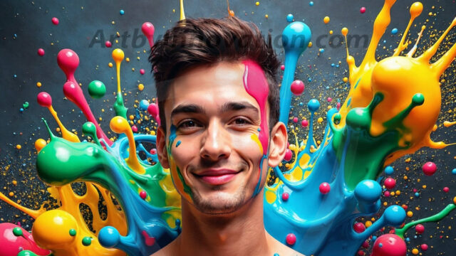 Paint Splat Fun - Hot men having fun with body paint. AI-generated abstract art featuring beautiful, handsome, sexy, shirtless, men, boys, lads, full of excitement joy and fun, covered in body paint, dynamic, interactive, Combining elements of realism with surreal abstract qualities, showcasing the potential of AI in artistic expression. Photos of guys, just smiling, happy, and having a good time. Most of them are smiling because a paint bomb just blow up next to them, so I'm calling is Abstract Art. When paint attacks and makes people happy, it's Art!
