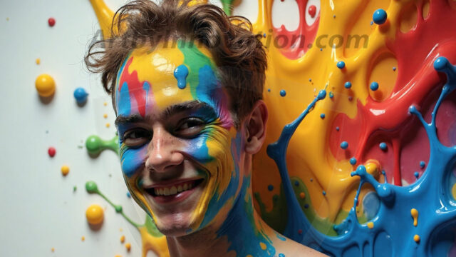 Paint Splat Fun - Hot men having fun with body paint. AI-generated abstract art featuring beautiful, handsome, sexy, shirtless, men, boys, lads, full of excitement joy and fun, covered in body paint, dynamic, interactive, Combining elements of realism with surreal abstract qualities, showcasing the potential of AI in artistic expression. Photos of guys, just smiling, happy, and having a good time. Most of them are smiling because a paint bomb just blow up next to them, so I'm calling is Abstract Art. When paint attacks and makes people happy, it's Art!