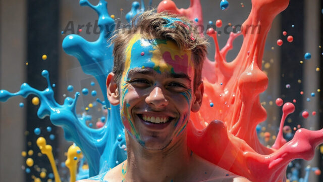 Paint Splat Fun - Hot men having fun with body paint. AI-generated abstract art featuring beautiful, handsome, sexy, shirtless, men, boys, lads, full of excitement joy and fun, covered in body paint, dynamic, interactive, Combining elements of realism with surreal abstract qualities, showcasing the potential of AI in artistic expression. Photos of guys, just smiling, happy, and having a good time. Most of them are smiling because a paint bomb just blow up next to them, so I'm calling is Abstract Art. When paint attacks and makes people happy, it's Art!