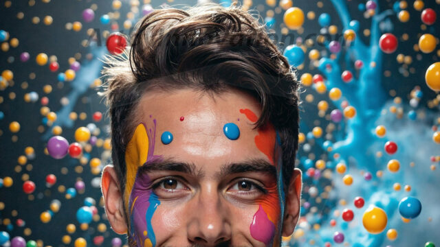 Paint Splat Fun - Hot men having fun with body paint. AI-generated abstract art featuring beautiful, handsome, sexy, shirtless, men, boys, lads, full of excitement joy and fun, covered in body paint, dynamic, interactive, Combining elements of realism with surreal abstract qualities, showcasing the potential of AI in artistic expression. Photos of guys, just smiling, happy, and having a good time. Most of them are smiling because a paint bomb just blow up next to them, so I'm calling is Abstract Art. When paint attacks and makes people happy, it's Art!