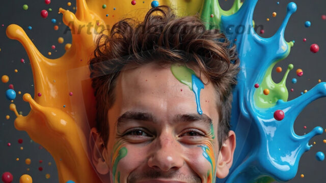 Paint Splat Fun - Hot men having fun with body paint. AI-generated abstract art featuring beautiful, handsome, sexy, shirtless, men, boys, lads, full of excitement joy and fun, covered in body paint, dynamic, interactive, Combining elements of realism with surreal abstract qualities, showcasing the potential of AI in artistic expression. Photos of guys, just smiling, happy, and having a good time. Most of them are smiling because a paint bomb just blow up next to them, so I'm calling is Abstract Art. When paint attacks and makes people happy, it's Art!
