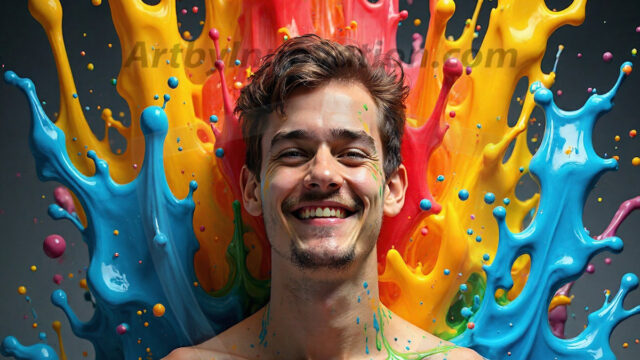 Paint Splat Fun - Hot men having fun with body paint. AI-generated abstract art featuring beautiful, handsome, sexy, shirtless, men, boys, lads, full of excitement joy and fun, covered in body paint, dynamic, interactive, Combining elements of realism with surreal abstract qualities, showcasing the potential of AI in artistic expression. Photos of guys, just smiling, happy, and having a good time. Most of them are smiling because a paint bomb just blow up next to them, so I'm calling is Abstract Art. When paint attacks and makes people happy, it's Art!
