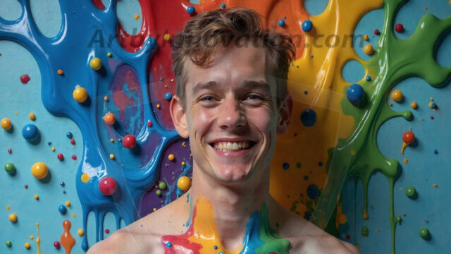 Paint Splat Fun - Hot men having fun with body paint. AI-generated abstract art featuring beautiful, handsome, sexy, shirtless, men, boys, lads, full of excitement joy and fun, covered in body paint, dynamic, interactive, Combining elements of realism with surreal abstract qualities, showcasing the potential of AI in artistic expression. Photos of guys, just smiling, happy, and having a good time. Most of them are smiling because a paint bomb just blow up next to them, so I'm calling is Abstract Art. When paint attacks and makes people happy, it's Art!