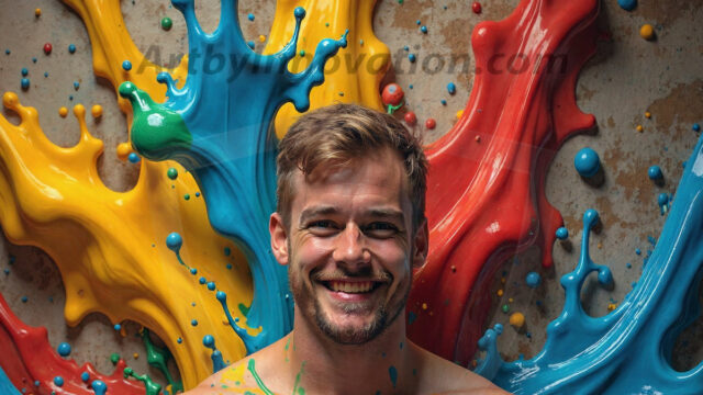 Paint Splat Fun - Hot men having fun with body paint. AI-generated abstract art featuring beautiful, handsome, sexy, shirtless, men, boys, lads, full of excitement joy and fun, covered in body paint, dynamic, interactive, Combining elements of realism with surreal abstract qualities, showcasing the potential of AI in artistic expression. Photos of guys, just smiling, happy, and having a good time. Most of them are smiling because a paint bomb just blow up next to them, so I'm calling is Abstract Art. When paint attacks and makes people happy, it's Art!