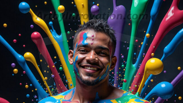 Paint Splat Fun - Hot men having fun with body paint. AI-generated abstract art featuring beautiful, handsome, sexy, shirtless, men, boys, lads, full of excitement joy and fun, covered in body paint, dynamic, interactive, Combining elements of realism with surreal abstract qualities, showcasing the potential of AI in artistic expression. Photos of guys, just smiling, happy, and having a good time. Most of them are smiling because a paint bomb just blow up next to them, so I'm calling is Abstract Art. When paint attacks and makes people happy, it's Art!