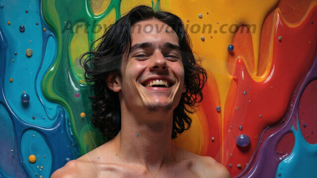 Paint Splat Fun - Hot men having fun with body paint. AI-generated abstract art featuring beautiful, handsome, sexy, shirtless, men, boys, lads, full of excitement joy and fun, covered in body paint, dynamic, interactive, Combining elements of realism with surreal abstract qualities, showcasing the potential of AI in artistic expression. Photos of guys, just smiling, happy, and having a good time. Most of them are smiling because a paint bomb just blow up next to them, so I'm calling is Abstract Art. When paint attacks and makes people happy, it's Art!