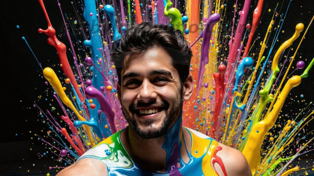 Paint Splat Fun - Hot men having fun with body paint. AI-generated abstract art featuring beautiful, handsome, sexy, shirtless, men, boys, lads, full of excitement joy and fun, covered in body paint, dynamic, interactive, Combining elements of realism with surreal abstract qualities, showcasing the potential of AI in artistic expression. Photos of guys, just smiling, happy, and having a good time. Most of them are smiling because a paint bomb just blow up next to them, so I'm calling is Abstract Art. When paint attacks and makes people happy, it's Art!