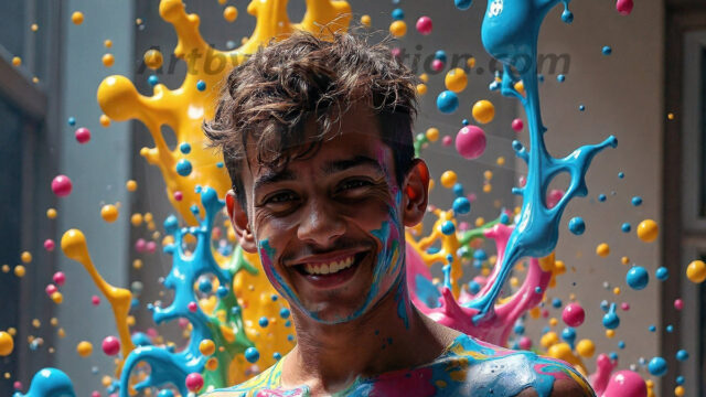 Paint Splat Fun - Hot men having fun with body paint. AI-generated abstract art featuring beautiful, handsome, sexy, shirtless, men, boys, lads, full of excitement joy and fun, covered in body paint, dynamic, interactive, Combining elements of realism with surreal abstract qualities, showcasing the potential of AI in artistic expression. Photos of guys, just smiling, happy, and having a good time. Most of them are smiling because a paint bomb just blow up next to them, so I'm calling is Abstract Art. When paint attacks and makes people happy, it's Art!