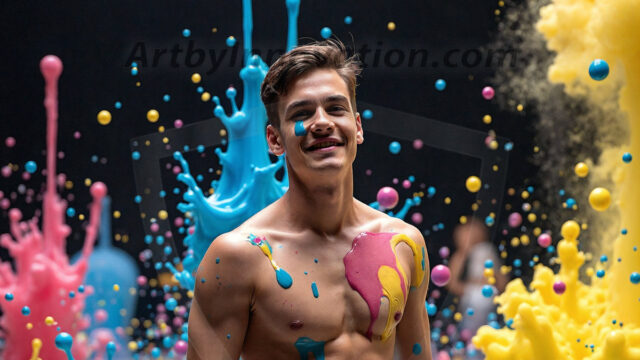 Paint Splat Fun - Hot men having fun with body paint. AI-generated abstract art featuring beautiful, handsome, sexy, shirtless, men, boys, lads, full of excitement joy and fun, covered in body paint, dynamic, interactive, Combining elements of realism with surreal abstract qualities, showcasing the potential of AI in artistic expression. Photos of guys, just smiling, happy, and having a good time. Most of them are smiling because a paint bomb just blow up next to them, so I'm calling is Abstract Art. When paint attacks and makes people happy, it's Art!