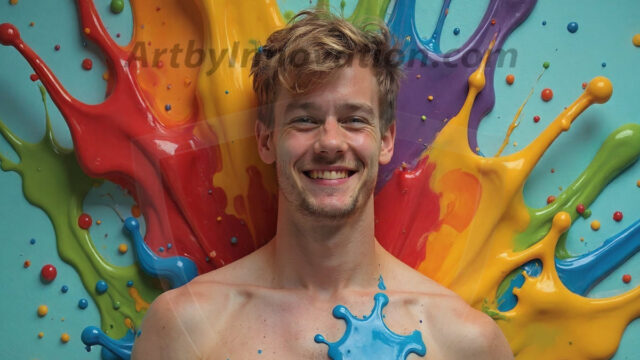 Paint Splat Fun - Hot men having fun with body paint. AI-generated abstract art featuring beautiful, handsome, sexy, shirtless, men, boys, lads, full of excitement joy and fun, covered in body paint, dynamic, interactive, Combining elements of realism with surreal abstract qualities, showcasing the potential of AI in artistic expression. Photos of guys, just smiling, happy, and having a good time. Most of them are smiling because a paint bomb just blow up next to them, so I'm calling is Abstract Art. When paint attacks and makes people happy, it's Art!