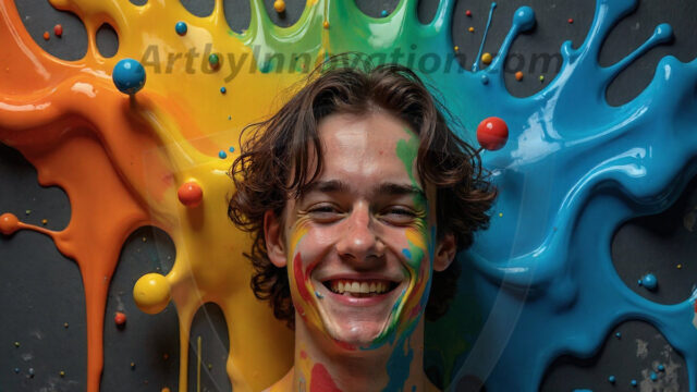 Paint Splat Fun - Hot men having fun with body paint. AI-generated abstract art featuring beautiful, handsome, sexy, shirtless, men, boys, lads, full of excitement joy and fun, covered in body paint, dynamic, interactive, Combining elements of realism with surreal abstract qualities, showcasing the potential of AI in artistic expression. Photos of guys, just smiling, happy, and having a good time. Most of them are smiling because a paint bomb just blow up next to them, so I'm calling is Abstract Art. When paint attacks and makes people happy, it's Art!
