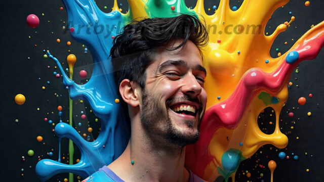 Paint Splat Fun - Hot men having fun with body paint. AI-generated abstract art featuring beautiful, handsome, sexy, shirtless, men, boys, lads, full of excitement joy and fun, covered in body paint, dynamic, interactive, Combining elements of realism with surreal abstract qualities, showcasing the potential of AI in artistic expression. Photos of guys, just smiling, happy, and having a good time. Most of them are smiling because a paint bomb just blow up next to them, so I'm calling is Abstract Art. When paint attacks and makes people happy, it's Art!