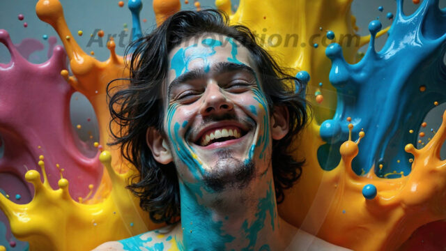 Paint Splat Fun - Hot men having fun with body paint. AI-generated abstract art featuring beautiful, handsome, sexy, shirtless, men, boys, lads, full of excitement joy and fun, covered in body paint, dynamic, interactive, Combining elements of realism with surreal abstract qualities, showcasing the potential of AI in artistic expression. Photos of guys, just smiling, happy, and having a good time. Most of them are smiling because a paint bomb just blow up next to them, so I'm calling is Abstract Art. When paint attacks and makes people happy, it's Art!