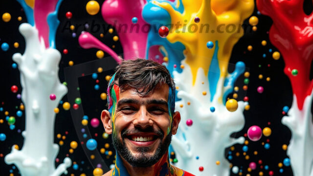 Paint Splat Fun - Hot men having fun with body paint. AI-generated abstract art featuring beautiful, handsome, sexy, shirtless, men, boys, lads, full of excitement joy and fun, covered in body paint, dynamic, interactive, Combining elements of realism with surreal abstract qualities, showcasing the potential of AI in artistic expression. Photos of guys, just smiling, happy, and having a good time. Most of them are smiling because a paint bomb just blow up next to them, so I'm calling is Abstract Art. When paint attacks and makes people happy, it's Art!