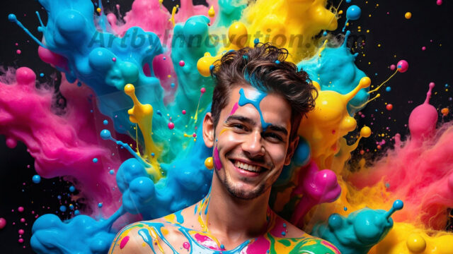 Paint Splat Fun - Hot men having fun with body paint. AI-generated abstract art featuring beautiful, handsome, sexy, shirtless, men, boys, lads, full of excitement joy and fun, covered in body paint, dynamic, interactive, Combining elements of realism with surreal abstract qualities, showcasing the potential of AI in artistic expression. Photos of guys, just smiling, happy, and having a good time. Most of them are smiling because a paint bomb just blow up next to them, so I'm calling is Abstract Art. When paint attacks and makes people happy, it's Art!