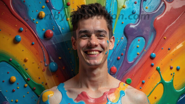 Paint Splat Fun - Hot men having fun with body paint. AI-generated abstract art featuring beautiful, handsome, sexy, shirtless, men, boys, lads, full of excitement joy and fun, covered in body paint, dynamic, interactive, Combining elements of realism with surreal abstract qualities, showcasing the potential of AI in artistic expression. Photos of guys, just smiling, happy, and having a good time. Most of them are smiling because a paint bomb just blow up next to them, so I'm calling is Abstract Art. When paint attacks and makes people happy, it's Art!