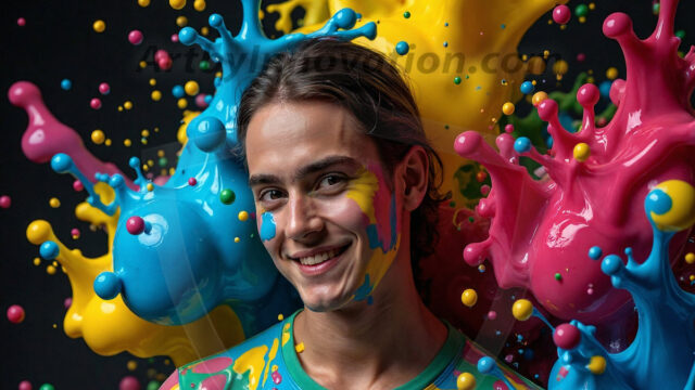 Paint Splat Fun - Hot men having fun with body paint. AI-generated abstract art featuring beautiful, handsome, sexy, shirtless, men, boys, lads, full of excitement joy and fun, covered in body paint, dynamic, interactive, Combining elements of realism with surreal abstract qualities, showcasing the potential of AI in artistic expression. Photos of guys, just smiling, happy, and having a good time. Most of them are smiling because a paint bomb just blow up next to them, so I'm calling is Abstract Art. When paint attacks and makes people happy, it's Art!