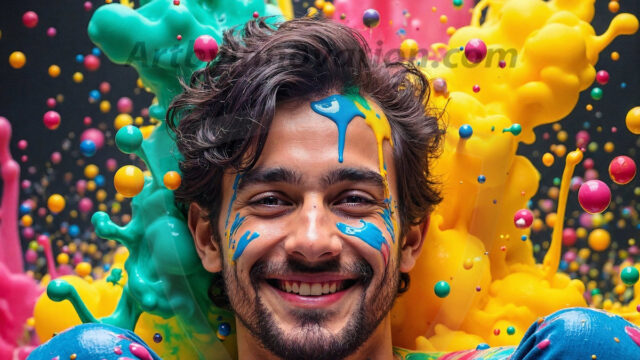 Paint Splat Fun - Hot men having fun with body paint. AI-generated abstract art featuring beautiful, handsome, sexy, shirtless, men, boys, lads, full of excitement joy and fun, covered in body paint, dynamic, interactive, Combining elements of realism with surreal abstract qualities, showcasing the potential of AI in artistic expression. Photos of guys, just smiling, happy, and having a good time. Most of them are smiling because a paint bomb just blow up next to them, so I'm calling is Abstract Art. When paint attacks and makes people happy, it's Art!