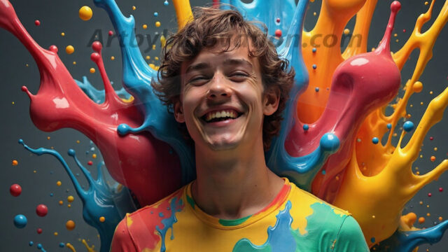 Paint Splat Fun - Hot men having fun with body paint. AI-generated abstract art featuring beautiful, handsome, sexy, shirtless, men, boys, lads, full of excitement joy and fun, covered in body paint, dynamic, interactive, Combining elements of realism with surreal abstract qualities, showcasing the potential of AI in artistic expression. Photos of guys, just smiling, happy, and having a good time. Most of them are smiling because a paint bomb just blow up next to them, so I'm calling is Abstract Art. When paint attacks and makes people happy, it's Art!