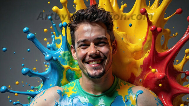Paint Splat Fun - Hot men having fun with body paint. AI-generated abstract art featuring beautiful, handsome, sexy, shirtless, men, boys, lads, full of excitement joy and fun, covered in body paint, dynamic, interactive, Combining elements of realism with surreal abstract qualities, showcasing the potential of AI in artistic expression. Photos of guys, just smiling, happy, and having a good time. Most of them are smiling because a paint bomb just blow up next to them, so I'm calling is Abstract Art. When paint attacks and makes people happy, it's Art!
