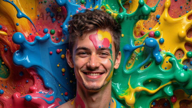 Paint Splat Fun - Hot men having fun with body paint. AI-generated abstract art featuring beautiful, handsome, sexy, shirtless, men, boys, lads, full of excitement joy and fun, covered in body paint, dynamic, interactive, Combining elements of realism with surreal abstract qualities, showcasing the potential of AI in artistic expression. Photos of guys, just smiling, happy, and having a good time. Most of them are smiling because a paint bomb just blow up next to them, so I'm calling is Abstract Art. When paint attacks and makes people happy, it's Art!