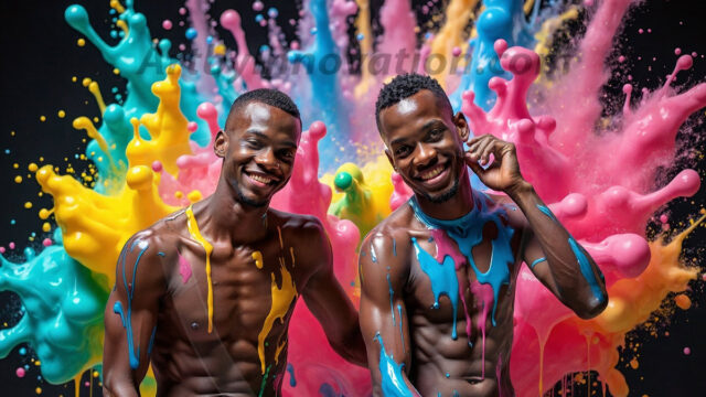 Paint Splat Fun - Hot men having fun with body paint. AI-generated abstract art featuring beautiful, handsome, sexy, shirtless, men, boys, lads, full of excitement joy and fun, covered in body paint, dynamic, interactive, Combining elements of realism with surreal abstract qualities, showcasing the potential of AI in artistic expression. Photos of guys, just smiling, happy, and having a good time. Most of them are smiling because a paint bomb just blow up next to them, so I'm calling is Abstract Art. When paint attacks and makes people happy, it's Art!