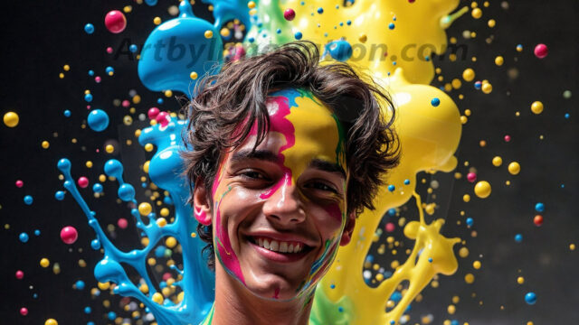 Paint Splat Fun - Hot men having fun with body paint. AI-generated abstract art featuring beautiful, handsome, sexy, shirtless, men, boys, lads, full of excitement joy and fun, covered in body paint, dynamic, interactive, Combining elements of realism with surreal abstract qualities, showcasing the potential of AI in artistic expression. Photos of guys, just smiling, happy, and having a good time. Most of them are smiling because a paint bomb just blow up next to them, so I'm calling is Abstract Art. When paint attacks and makes people happy, it's Art!