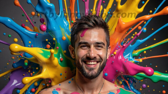 Paint Splat Fun - Hot men having fun with body paint. AI-generated abstract art featuring beautiful, handsome, sexy, shirtless, men, boys, lads, full of excitement joy and fun, covered in body paint, dynamic, interactive, Combining elements of realism with surreal abstract qualities, showcasing the potential of AI in artistic expression. Photos of guys, just smiling, happy, and having a good time. Most of them are smiling because a paint bomb just blow up next to them, so I'm calling is Abstract Art. When paint attacks and makes people happy, it's Art!