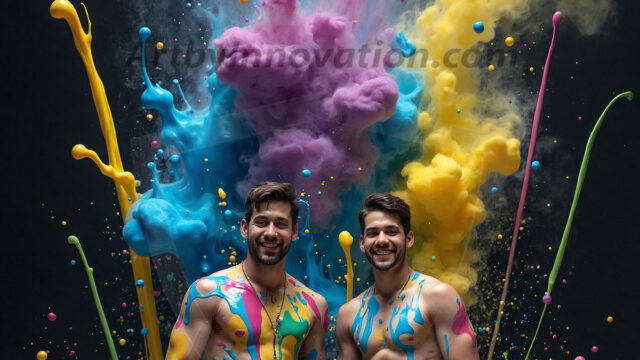 Paint Splat Fun - Hot men having fun with body paint. AI-generated abstract art featuring beautiful, handsome, sexy, shirtless, men, boys, lads, full of excitement joy and fun, covered in body paint, dynamic, interactive, Combining elements of realism with surreal abstract qualities, showcasing the potential of AI in artistic expression. Photos of guys, just smiling, happy, and having a good time. Most of them are smiling because a paint bomb just blow up next to them, so I'm calling is Abstract Art. When paint attacks and makes people happy, it's Art!