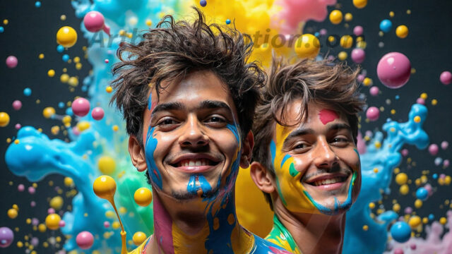 Paint Splat Fun - Hot men having fun with body paint. AI-generated abstract art featuring beautiful, handsome, sexy, shirtless, men, boys, lads, full of excitement joy and fun, covered in body paint, dynamic, interactive, Combining elements of realism with surreal abstract qualities, showcasing the potential of AI in artistic expression. Photos of guys, just smiling, happy, and having a good time. Most of them are smiling because a paint bomb just blow up next to them, so I'm calling is Abstract Art. When paint attacks and makes people happy, it's Art!