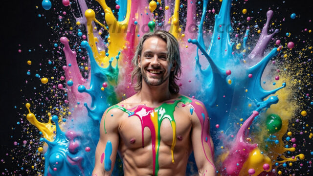 Paint Splat Fun - Hot men having fun with body paint. AI-generated abstract art featuring beautiful, handsome, sexy, shirtless, men, boys, lads, full of excitement joy and fun, covered in body paint, dynamic, interactive, Combining elements of realism with surreal abstract qualities, showcasing the potential of AI in artistic expression. Photos of guys, just smiling, happy, and having a good time. Most of them are smiling because a paint bomb just blow up next to them, so I'm calling is Abstract Art. When paint attacks and makes people happy, it's Art!