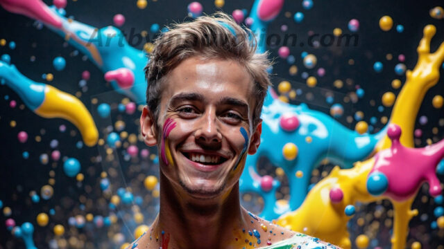 Paint Splat Fun - Hot men having fun with body paint. AI-generated abstract art featuring beautiful, handsome, sexy, shirtless, men, boys, lads, full of excitement joy and fun, covered in body paint, dynamic, interactive, Combining elements of realism with surreal abstract qualities, showcasing the potential of AI in artistic expression. Photos of guys, just smiling, happy, and having a good time. Most of them are smiling because a paint bomb just blow up next to them, so I'm calling is Abstract Art. When paint attacks and makes people happy, it's Art!