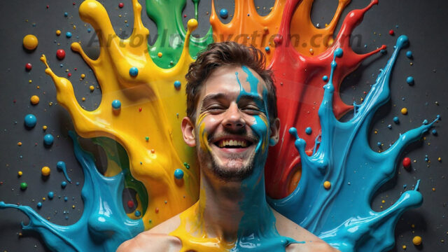 Paint Splat Fun - Hot men having fun with body paint. AI-generated abstract art featuring beautiful, handsome, sexy, shirtless, men, boys, lads, full of excitement joy and fun, covered in body paint, dynamic, interactive, Combining elements of realism with surreal abstract qualities, showcasing the potential of AI in artistic expression. Photos of guys, just smiling, happy, and having a good time. Most of them are smiling because a paint bomb just blow up next to them, so I'm calling is Abstract Art. When paint attacks and makes people happy, it's Art!