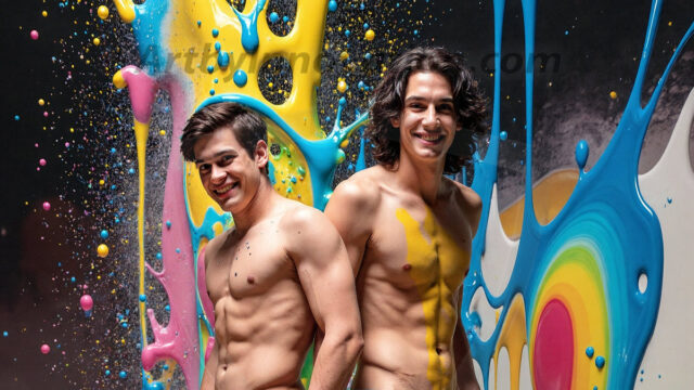 Paint Splat Fun - Hot men having fun with body paint. AI-generated abstract art featuring beautiful, handsome, sexy, shirtless, men, boys, lads, full of excitement joy and fun, covered in body paint, dynamic, interactive, Combining elements of realism with surreal abstract qualities, showcasing the potential of AI in artistic expression. Photos of guys, just smiling, happy, and having a good time. Most of them are smiling because a paint bomb just blow up next to them, so I'm calling is Abstract Art. When paint attacks and makes people happy, it's Art!