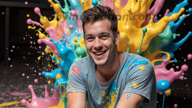 Paint Splat Fun - Hot men having fun with body paint. AI-generated abstract art featuring beautiful, handsome, sexy, shirtless, men, boys, lads, full of excitement joy and fun, covered in body paint, dynamic, interactive, Combining elements of realism with surreal abstract qualities, showcasing the potential of AI in artistic expression. Photos of guys, just smiling, happy, and having a good time. Most of them are smiling because a paint bomb just blow up next to them, so I'm calling is Abstract Art. When paint attacks and makes people happy, it's Art!