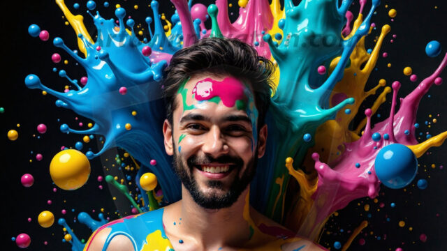 Paint Splat Fun - Hot men having fun with body paint. AI-generated abstract art featuring beautiful, handsome, sexy, shirtless, men, boys, lads, full of excitement joy and fun, covered in body paint, dynamic, interactive, Combining elements of realism with surreal abstract qualities, showcasing the potential of AI in artistic expression. Photos of guys, just smiling, happy, and having a good time. Most of them are smiling because a paint bomb just blow up next to them, so I'm calling is Abstract Art. When paint attacks and makes people happy, it's Art!