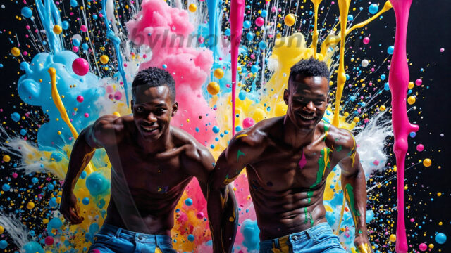 Paint Splat Fun - Hot men having fun with body paint. AI-generated abstract art featuring beautiful, handsome, sexy, shirtless, men, boys, lads, full of excitement joy and fun, covered in body paint, dynamic, interactive, Combining elements of realism with surreal abstract qualities, showcasing the potential of AI in artistic expression. Photos of guys, just smiling, happy, and having a good time. Most of them are smiling because a paint bomb just blow up next to them, so I'm calling is Abstract Art. When paint attacks and makes people happy, it's Art!