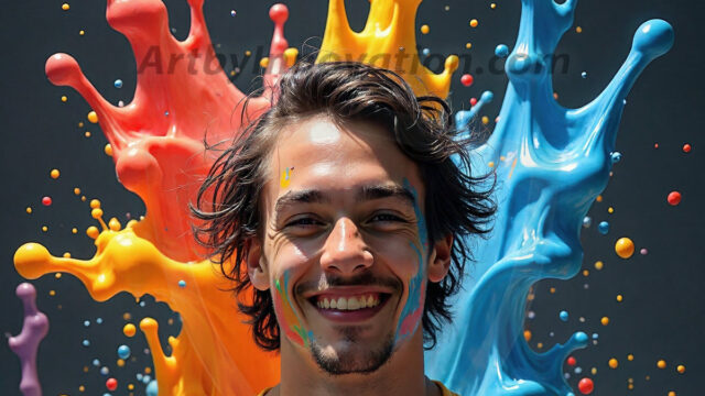 Paint Splat Fun - Hot men having fun with body paint. AI-generated abstract art featuring beautiful, handsome, sexy, shirtless, men, boys, lads, full of excitement joy and fun, covered in body paint, dynamic, interactive, Combining elements of realism with surreal abstract qualities, showcasing the potential of AI in artistic expression. Photos of guys, just smiling, happy, and having a good time. Most of them are smiling because a paint bomb just blow up next to them, so I'm calling is Abstract Art. When paint attacks and makes people happy, it's Art!